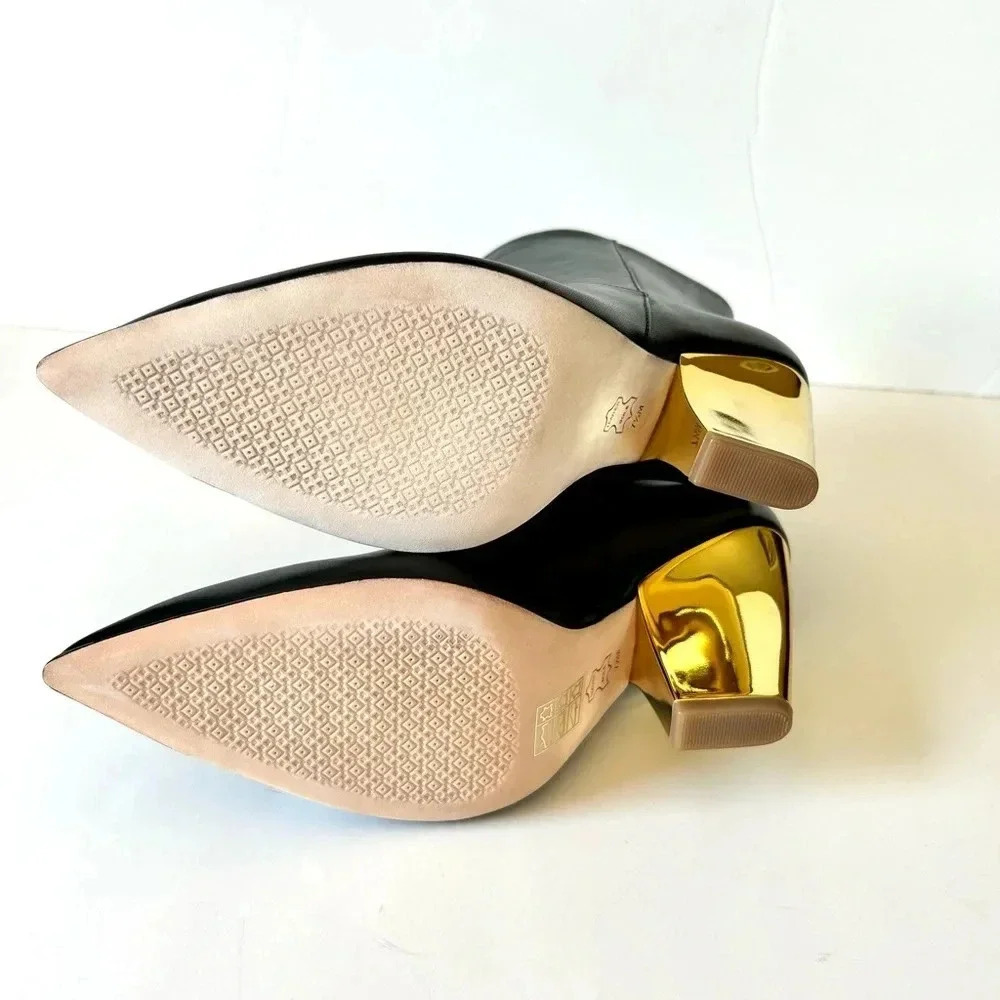 Tory Burch Lila Mirrored Gold Heel Black Leather Ankle Bootie 7.5 Fits 7 - Picture 6 of 11